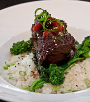 Slow braised beef short rib with Hoisin demi and California Koshihikari Rice