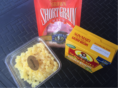 ingredients for California Brown Rice Salad with Pineapple, Apple, Pistachios and Golden Raisins