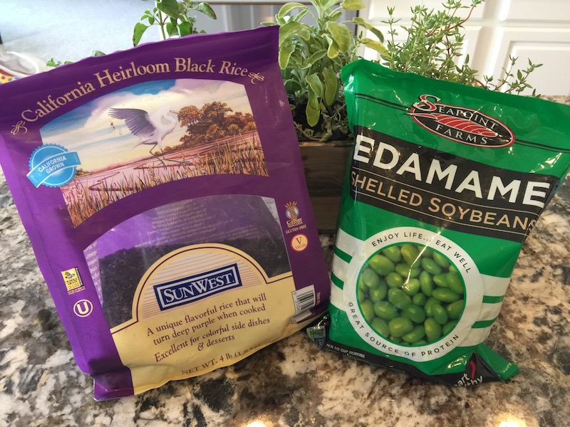 bag of black rice and bag of edamame