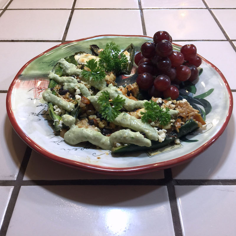 California Brown Rice Stuffed Poblano Peppers with Avocado Cream