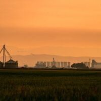 hazy skies from wildfires over rice silos