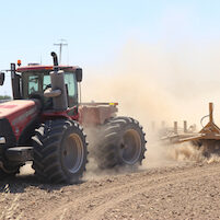 tractor ploughing rice field